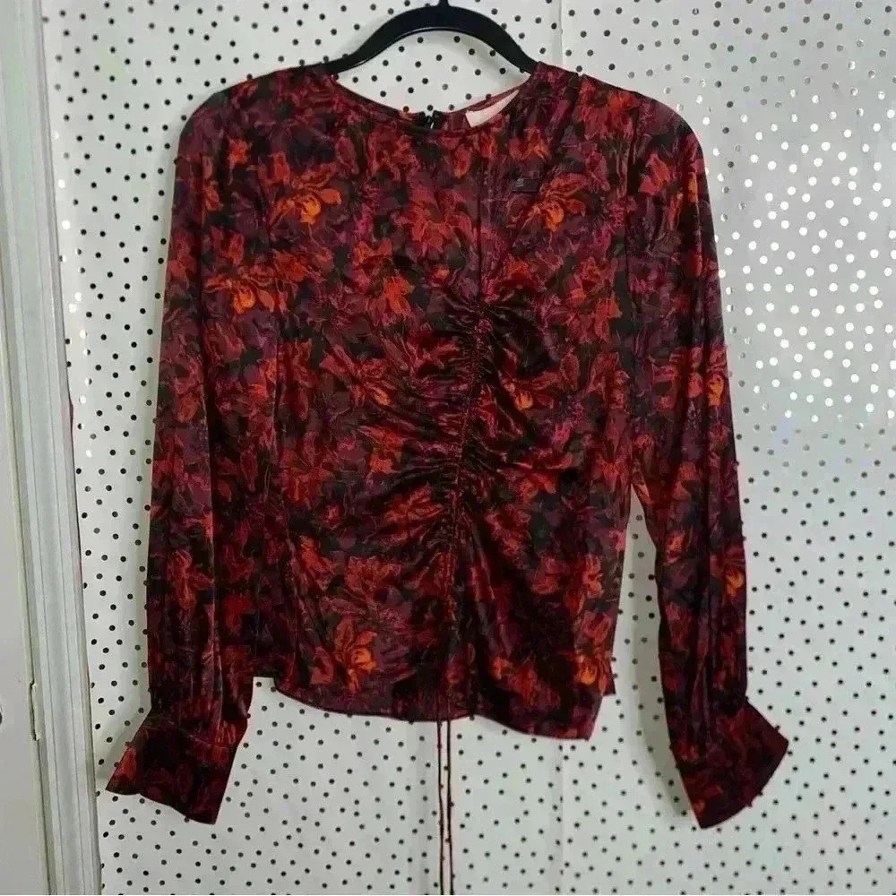Cinq à Sept Women's Red Ezrah Floral Print Ruched Cutout Silk Blouse